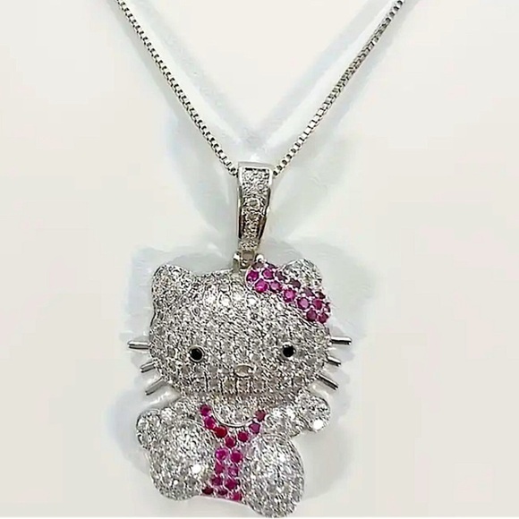 Silver Iced Out Hello Kitty Charm Pendant Necklace 3D Full Body - Picture 5 of 5